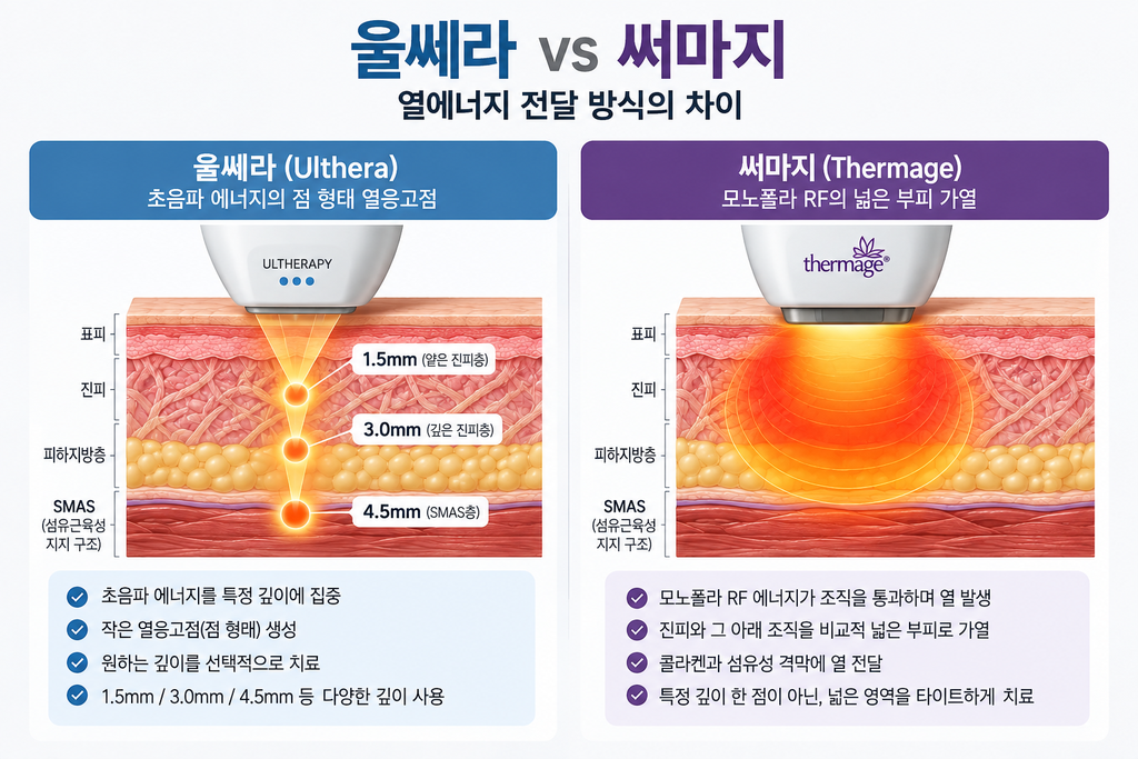울쎄라 써마지 차이 초음파 열응고점과 RF 벌크 히팅 비교