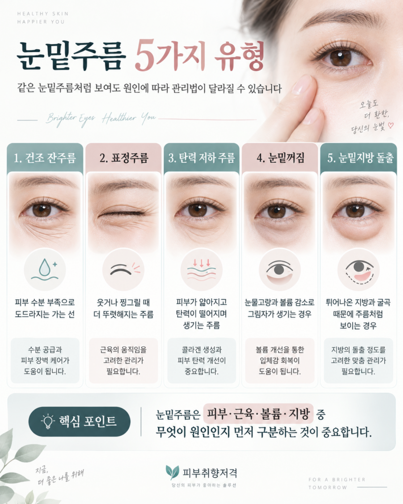 눈밑주름 5가지 유형 건조 잔주름 표정주름 탄력 저하 눈밑꺼짐 눈밑지방 돌출